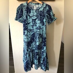 Hand made cotton Maxi-Midi floral tropical dress in torqoise blue•Fits like Med
